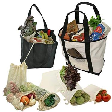 Imagem de Simple Ecology Farmers Market and Grocery Shopping Bolsa reutilizável orgânica para presente e conjuntos iniciais, Conjunto de 8 sacos de mercearia - Natural/Preto, X-Large