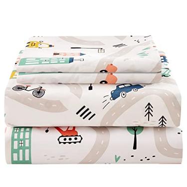 Imagem de JSD Jogo de lençol infantil com estampa de carro tamanho casal 4 peças, lençóis de cama de microfibra macia com bolso profundo