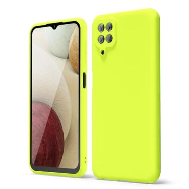 Imagem de oakxco Capa de telefone para Samsung Galaxy A12 com aderência de silicone líquido, capa protetora fosca de gel macio e fina fofa para mulheres e meninas, cor sólida brilhante fluorescente, amarelo neon limão