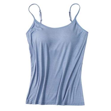 Imagem de Camiseta feminina com sutiã embutido de algodão ajustável alças finas básicas acolchoadas e elásticas, Azul, GG
