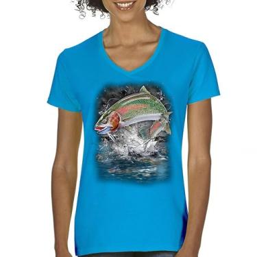 Imagem de Camiseta feminina Jumping Rainbow Trout gola V Freshwater Fish Fly Fishing Lover Fisherman Angler Lure Nature Relax Chill, Turquesa, M