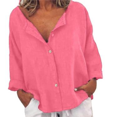 Imagem de Camisa feminina com botão e gola V, casual, linho, algodão, enrolar, manga comprida, caimento solto, blusa lisa, Rosa choque, G