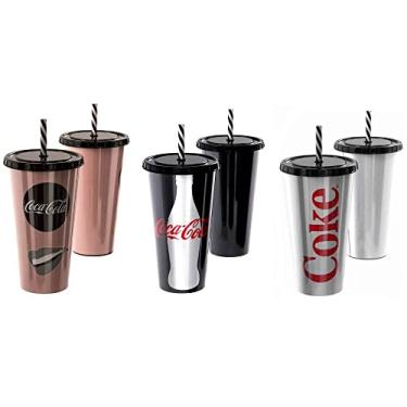 Imagem de Coleção 4 Copos Da Coca Cola 700ml C/ canudo Premium Preto prata Vermelho Rose Plasútil