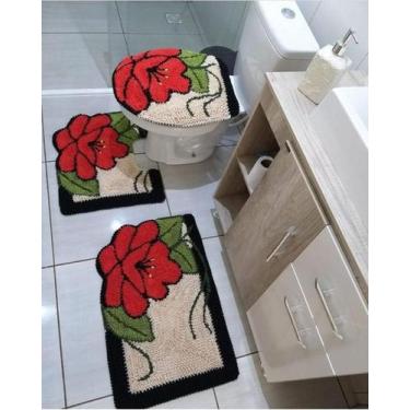 Imagem de Jogo De Tapete Banheiro 3 Peças Frufru fundo algodão cru liso - Valent