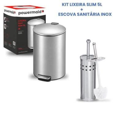 Imagem de Kit Lixeira Escovado Inox Slim 5L  Powermaid + Escova Inox Sanitária K