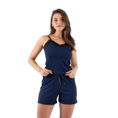 Imagem de Pijama Feminino Curto Baby Doll Canelado Renda - DILUXO, P, Marinho