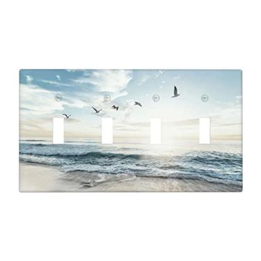Imagem de Capa decorativa para interruptor de luz com paisagem de praia e oceano, placa de interruptor quádruplo placa de parede com 4 interruptores para cozinha, quarto, 11 x 20 cm
