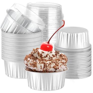 Imagem de ylnurac Pacote com 200 mini formas de bolo de 142 g com tampas, recipientes de cupcake de alumínio em alumínio, copos de sobremesa com tampas, para vendas de bolos de festas de fim de ano, mini caixa