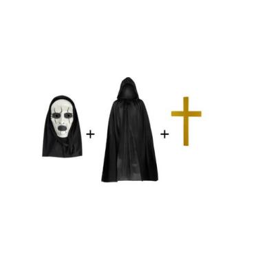 Imagem de Kit Mascara Freira Do Mal Com Capuz + Crucifixo + Capa Preta Fantasia 