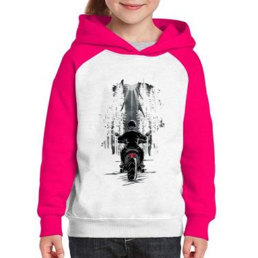 Imagem de Moletom Infantil Motociclista na floresta - Foca na Moda, Branco, Rosa