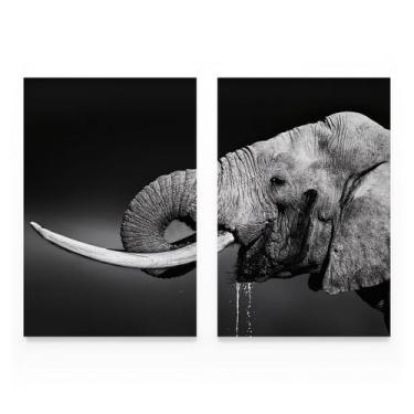 Imagem de Quadro Mosaico Elefante Bebendo Água Preto e Branco Moderno Kit 2 Tela