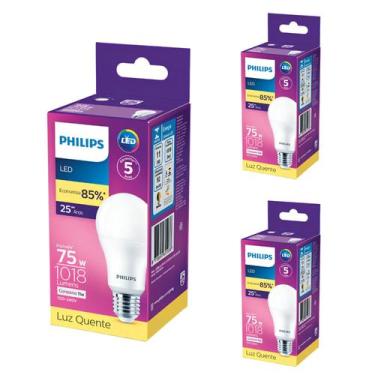 Imagem de Kit 3 Lâmpada Led Bulbo 11w = 75w 1018lm Bivolt Philips 3000k amarela 
