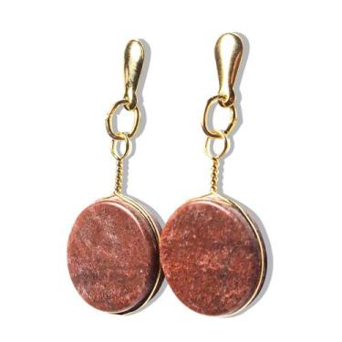 Imagem de Brinco Disco Pedra Quartzo Vermelho Tarraxa Dourado - CristaisdeCurvel