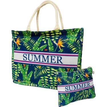 Imagem de Bolsa De Praia Azul Estampada Colorida Com Flores Pássaros - Lis