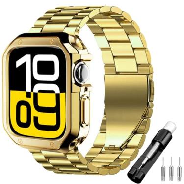 Imagem de iTecFree Pulseira de metal masculina clássica executiva clássica de aço inoxidável e capa resistente macia de TPU para Apple Watch série 10/11 com ferramentas (dourada, S10-42 mm)