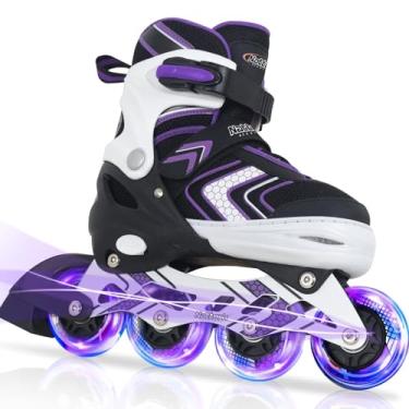 Imagem de Patins em linha ajustáveis para meninas, patins com todas as rodas iluminadas para crianças grandes, roxo, tamanho 10 11 12 13