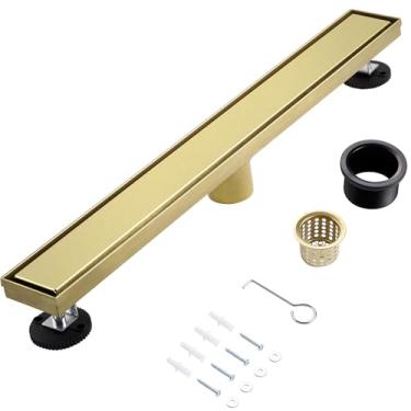 Imagem de muschbath Ralo de Chuveiro Linear de 28", Ralo de Chuveiro Dourado Escovado, Grelha Plana e para Ladrilhos, Aço Inoxidável 304, Fácil de Instalar e Limpar para Banheiros(Base de Dr (28 Polegadas)