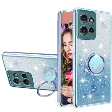 Imagem de Ysnzaq Capa com design floral com glitter para Motorola Moto G75 suporte de anel embutido, capa transparente fina à prova de choque para Motorola Moto G75 YSH azul