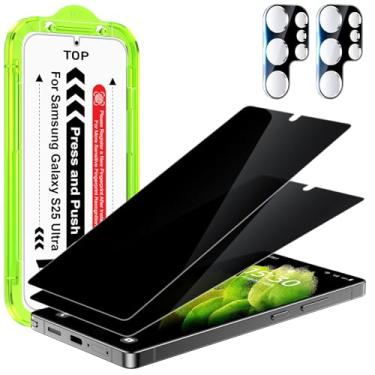 Imagem de Esanik [Pacote com 2 + 2 protetores de tela de privacidade para Samsung Galaxy S25 Ultra 16,9 cm película antiespião PET (não é vidro) com moldura de fácil instalação + protetor de lente de câmera