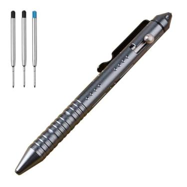 Imagem de Caneta de alumínio Bolt Action com lateral de tungstênio para bolso EDC cor azul cinza com 3 refis extras em caixa compatível com refil estilo Parker (LA030)