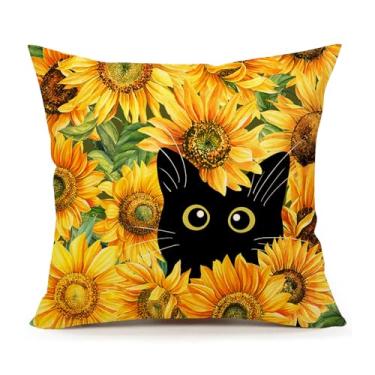 Imagem de 4TH Emotion Capas de almofada primavera verão girassóis gato 45 x 45 cm, flores amarelas bem-vindo fazenda férias capa de almofada para decoração de sofá de casa TH216