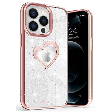 Imagem de Vena Capa transparente vLove Glitter projetada para Apple iPhone 13 Pro (15,5 cm), design em formato de coração (compatível com MagSafe) capa protetora híbrida fina dupla camada híbrida transparente - ouro rosa