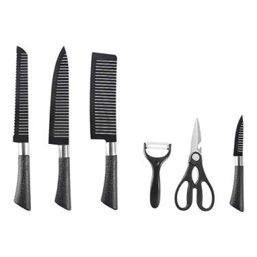 Imagem de Kit de Facas de Cozinha Profissional, 6 Peças, Lâminas Dentadas com Revestimento Antiaderente, Inclui Amolador e Tesoura