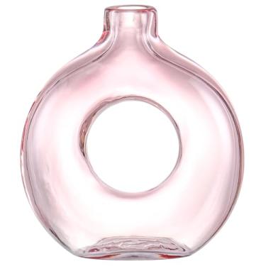 Imagem de PORPAN Vaso de vidro, vaso de rosquinha, vaso de vidro rosa, vaso de flores, vaso decorativo, vaso moderno, vaso de vidro redondo para casa, sala de estar, mesa de jantar, entrada, manto, prateleira,