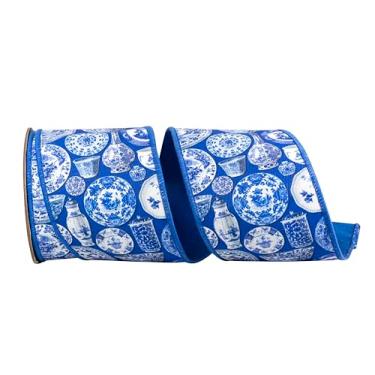 Imagem de Reliant Ribbon Terra Cotta Cerâmica Chinoiserie Twill Deluxe Dupioni Backed Edge Ribbon, Porcelana Azul