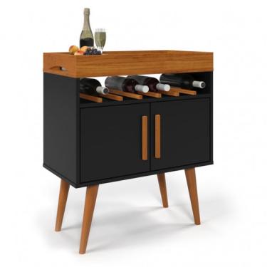 Imagem de Aparador Buffet Balcão Cantinho do Café 2 Portas com Nicho Adega e Pés Rodízio Retrô Drink - Preto