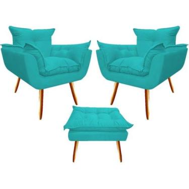 Imagem de Kit 2 Poltronas + Puff Decorativo Opala Suede Azul Turquesa Pés Madeir