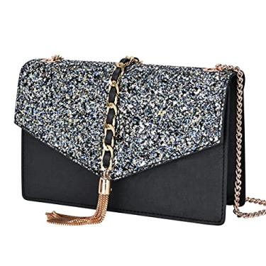 Imagem de Bolsa de mão transversal para mulheres, GM LIKKIE bolsa de noite com glitter, bolsa de casamento com franja de lantejoulas para festa, Azul e preto, Medium