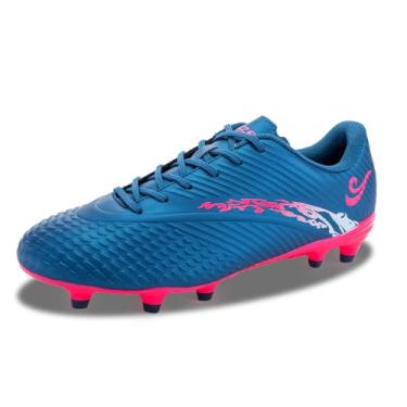 Imagem de ORRZER Chuteiras de futebol masculinas femininas, leves, profissionais, para treinamento atlético, com cadarços, calçados de futebol, Azul/Rosa Vermelha, 12 Women/10.5 Men
