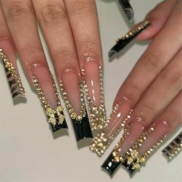 Imagem de RTKHFZE Unhas Postiças Quadradas Extra Longas, Unhas Postiças Pretas Com Ponta Francesa E Laço 3D Dourado E Strass, Unhas Quadradas De Pressão, Unhas Postiças Adesivas Para Mulheres, 24 Peças