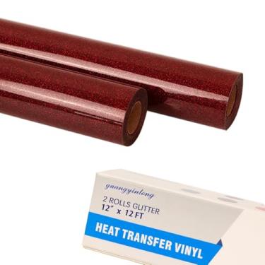 Imagem de guangyintong Rolos de vinil HTV de transferência de calor vermelho real com glitter, 2 rolos de 30,5 cm x 3,6 m, ferro em vinil, para camisetas, glitter vermelho, vinil HTV para todas as máquinas
