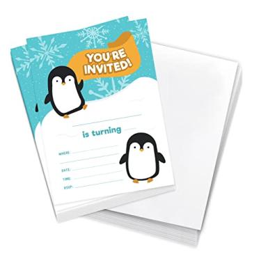 Imagem de Coastal Palm Cartões de convite de feliz aniversário pinguim (10 unidades) com envelopes meninos meninas festa infantil (design 10ct 1)