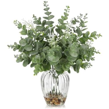 Imagem de Briful Haste artificial de eucalipto de 30 cm em vaso de vidro com água sintética – planta falsa pequena com pedras decorativas – decoração de sementes brancas artificiais de folhas de eucalipto para
