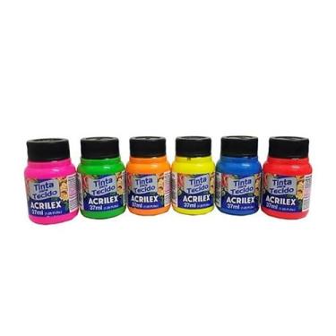 Imagem de inta Para Tecido Fluorescente Neon Acrilex 37ml Kit 6 Core Azul Vermelho Maravilha Verde Ouro Limão Azul Vermelho Maravilha Verde Ouro Limão Fixação a Frio e Alta Cobertura Recomendado Para Tecidos De Algodão Sem Goma É Ideal Para Customização De Roupas, Decoração E Outras Aplicações Artísticas