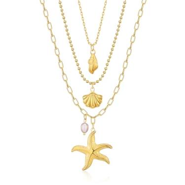 Imagem de Colar feminino banhado a ouro 14K com 3 camadas - Conjunto de gargantilha ajustável de lua e estrela com incrustação de concha, corrente de cobra, corrente de corda e correntes de meio-fio - Presente