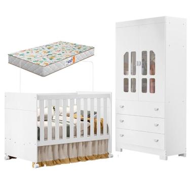 Imagem de Berço Americano E Guarda Roupa Infantil Katatau Branco Acetinado Com Colchão Gazin - Reller