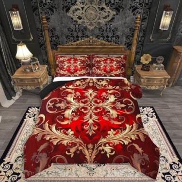 Imagem de Erosebridal Conjunto de edredom casal com estampa de damasco vermelho, boêmio, vintage, floral, paisley, para crianças, meninos, meninas, tribal, hippie, exótica, conjunto de cama barroca vitoriana