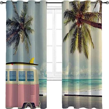 Imagem de Surfe 90% cortina blackout, minivan The Beach retrô inspirado férias nuvens no céu de verão destino lua de mel, para quarto, jardim de infância, sala de estar, L 132 x C 182 centímetros verde rosa