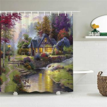 Imagem de Impressão de paisagem de cidade rural cortina de chuveiro de banheiro pintura de poliéster cortina de cenário decoração de casa, 6298W,W90xH180cm