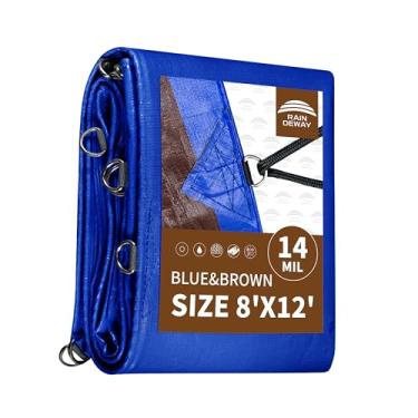 Imagem de RAINDEWAY Lonas resistentes à prova d'água 2,8 x 3,5 m -14 mils lona super resistente com anéis de metal e cantos e bordas reforçados, resistente a UV, lona de poliéster multiuso, lona azul/marrom