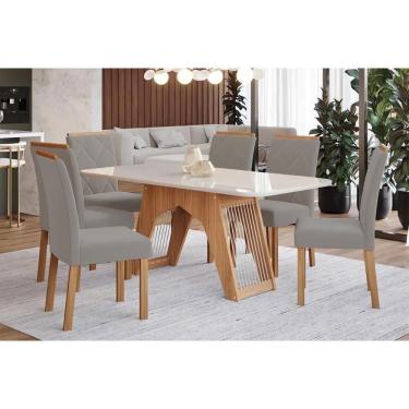 Imagem de Sala De Jantar Completa Carol Tampo Madeirado Com Vidro 180x90cm E 6 Cadeiras Fernanda Madeirado-linho Grafite - Cimol