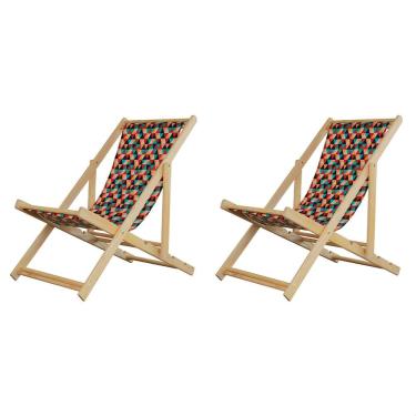 Imagem de Kit 2 Espreguiçadeiras Preguiçosa Dobrável sem Braço Madeira Maciça com Tecido Colorido
