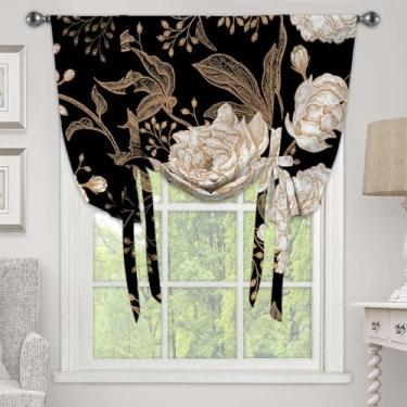 Imagem de Cortina de saia floral preta, boho, rosas escuras, folhas, botânica, escurecimento, vintage, dourado, exclusivo, chique, balão, bolso ajustável para varão, para cozinha, sala de estar, quarto, 1