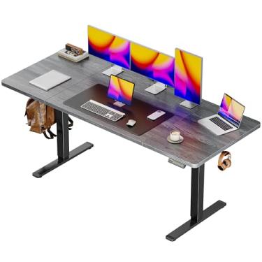 Imagem de Huuger Mesa elétrica grande de 150 x 71 cm, mesa de computador com altura ajustável, mesa de 70 cm de profundidade, mesa de escritório para jogos de pé com 2 ganchos, 3 alturas predefinidas, para