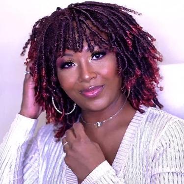 Imagem de MIMAN Perucas curtas de 15 cm para mulheres negras 99J peruca de substituição de cabelo sintético vermelho vinho peruca trançada torcida afro encaracolado totalmente encaracolado Bob Faux Locs crochê