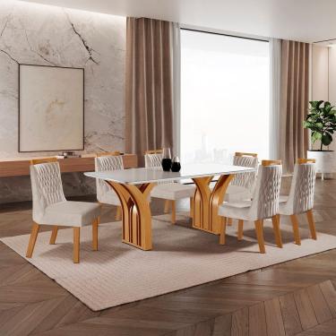 Imagem de Conjunto de Jantar Mesa Miami Tampo Mdf e Vidro com 6 Cadeiras Atena Yescasa Castanho Cinamomo/Pena Bege/Off White